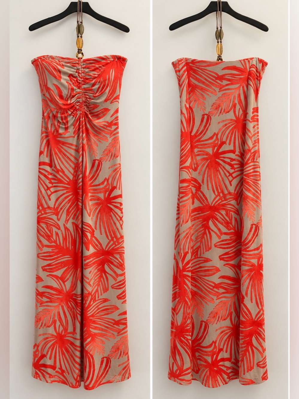 Tommy Bahama XL Coral Tropical Palm Strapless Maxi Dress Beaded Resort